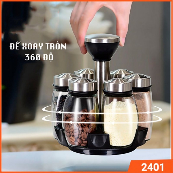 Bộ 6 Lọ Đựng Gia Vị Thủy Tinh Chống Vỡ Kèm Giá Để Xoay 360 Độ VANDO, Kệ Gia Vị Nhỏ Thông Minh Tiện Lợi Thiết Kế Tinh Tế -2401