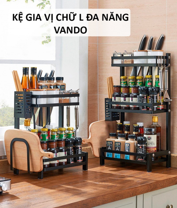 Kệ gia vị chữ L chính hãng Vando sơn đen tĩnh điện, có Giá đựng dao thớt - 2104