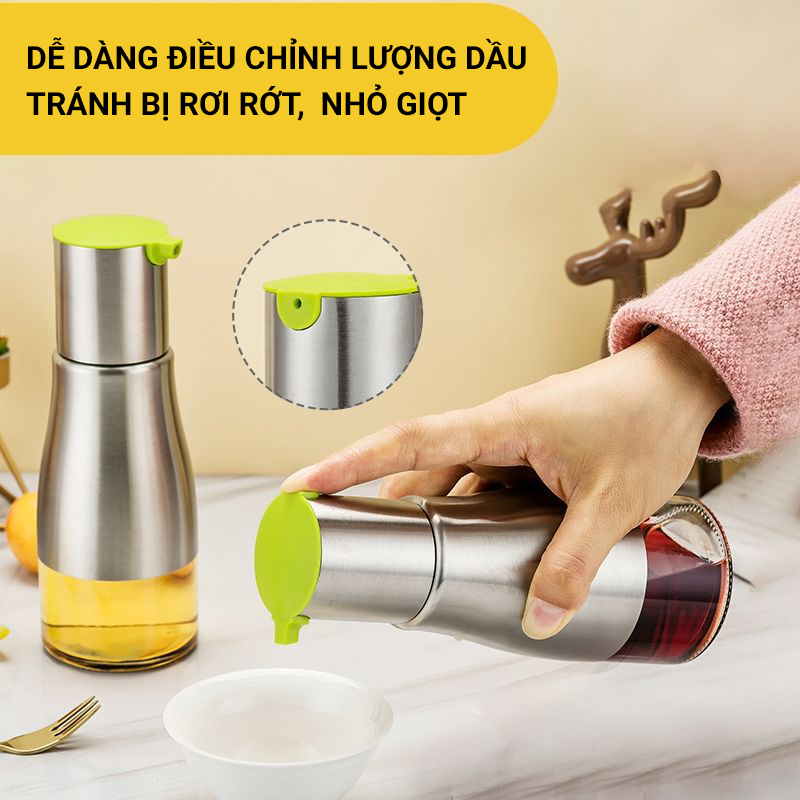 Chai rót nước mắm – xì dầu – giấm thủy tinh bọc inox 320ml | Gọn gàng, sạch sẽ, sang trọng