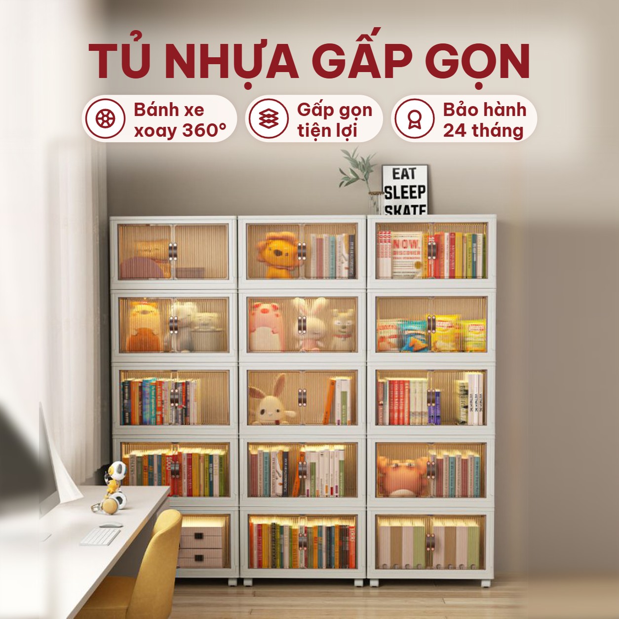 Tủ nhựa gấp gọn bánh xe xoay 360°