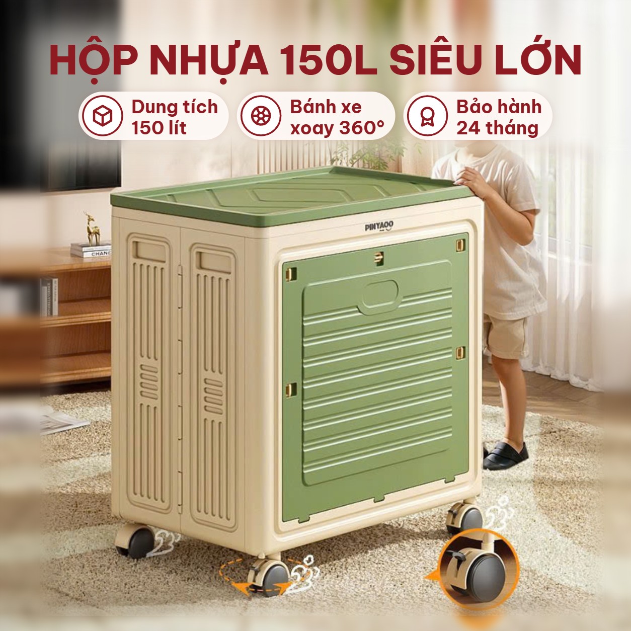 Hộp nhựa 150L gấp gọn bánh xe 360°
