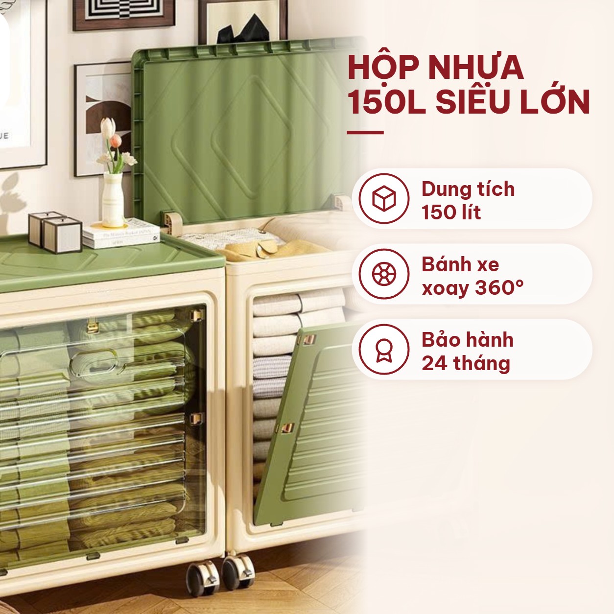 Hộp Nhựa Nguyên Sinh 150L -  Dung Tích Siêu Lớn, Gấp Gọn, Bánh Xe Xoay 360