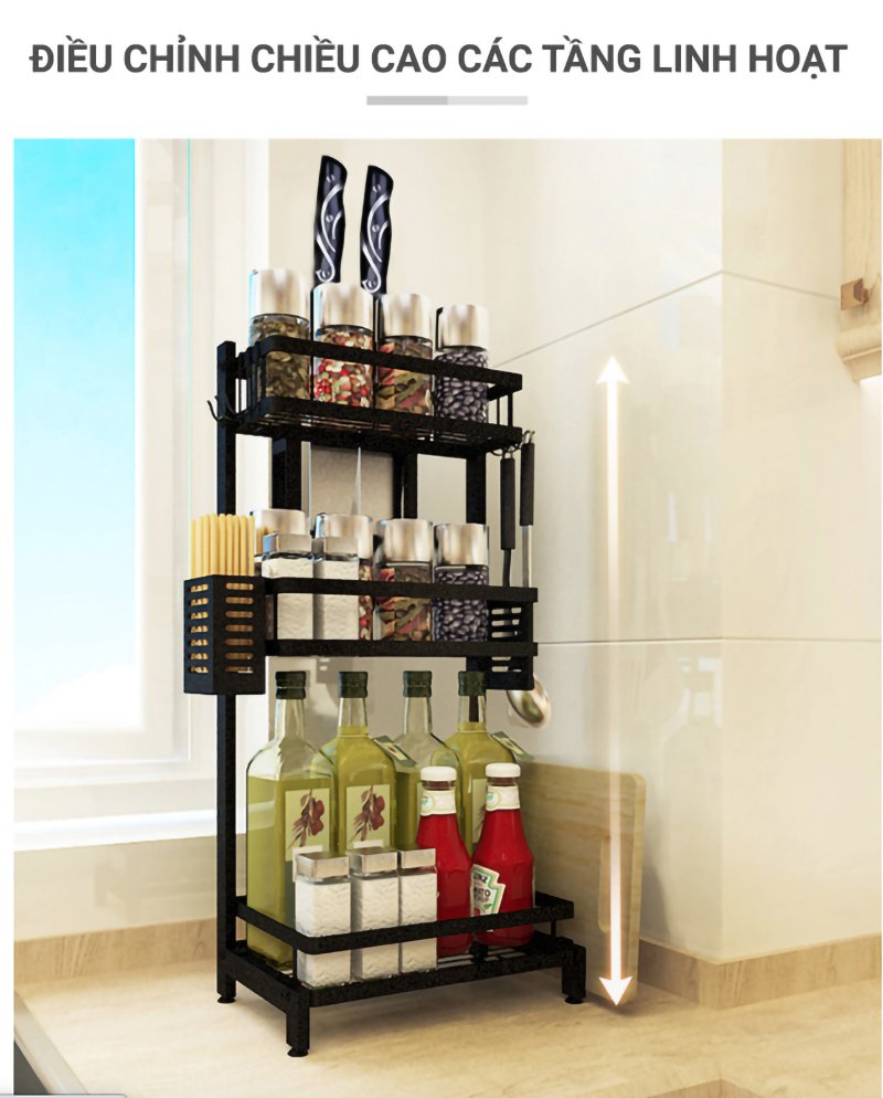 Kệ gia vị chữ L chính hãng Vando sơn đen tĩnh điện, có Giá đựng dao thớt - 2104