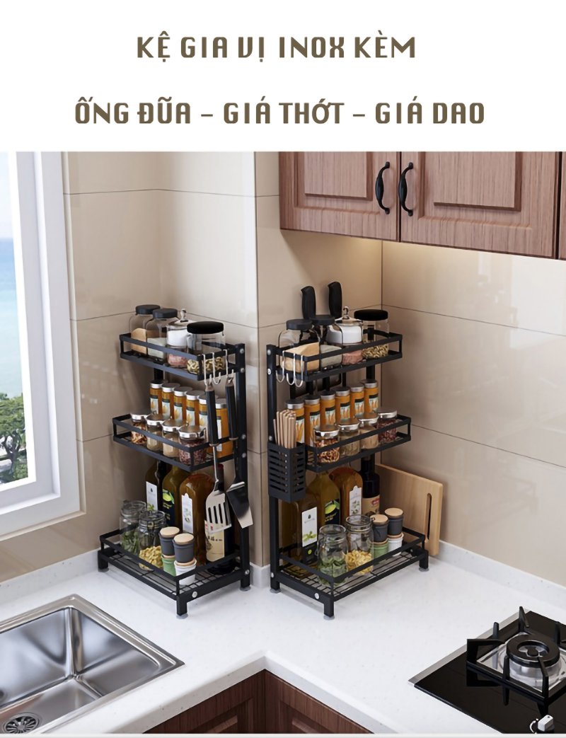 Kệ gia vị chữ L chính hãng Vando sơn đen tĩnh điện, có Giá đựng dao thớt - 2104
