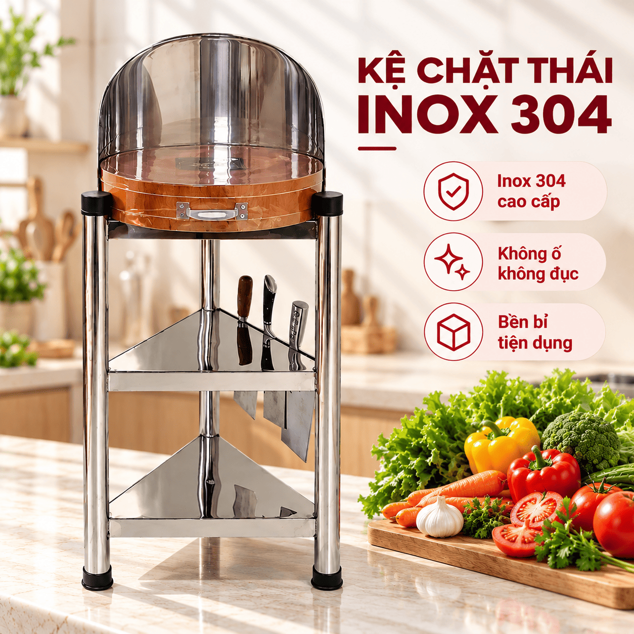 Kệ Thớt Chặt Thái Nhà bếp Inox 304 Vando – Chặt Gà Cá Chắc Tay