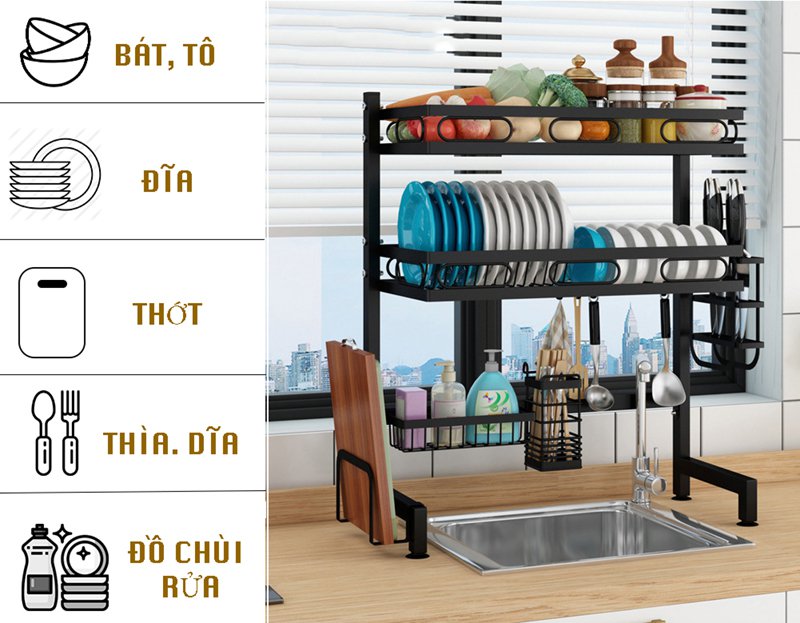 Kệ Để Chén Đĩa Thông Minh chính hãng Vando Trên Bồn Rửa Bát Sơn Đen Cao Cấp 6318