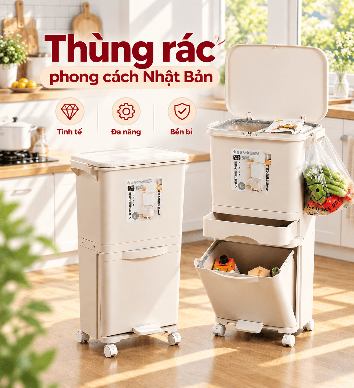Thùng Rác Phong Cách Nhật Bản, 3 Ngăn Phân Loại, Dung Tích Lớn