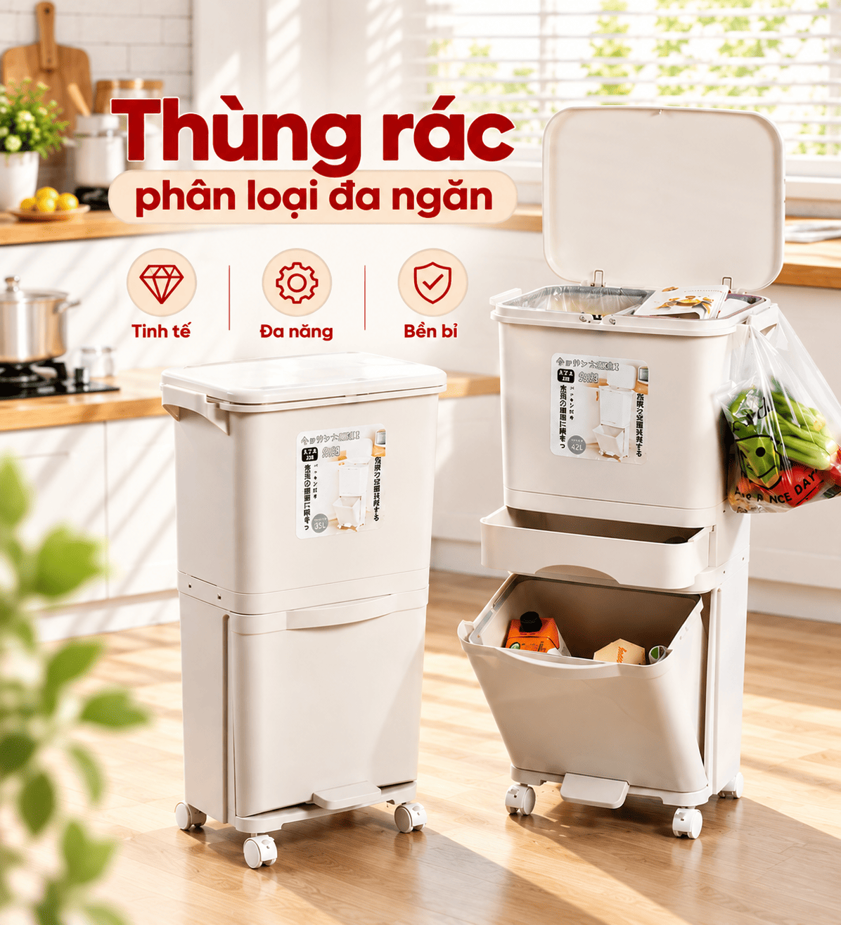 Thùng Rác Thông Minh, 3 Ngăn Phân Loại, Dung Tích Lớn