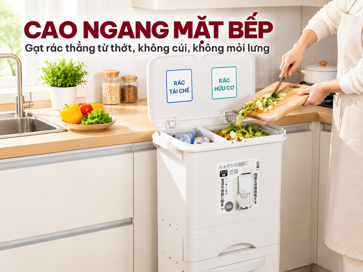 Thùng rác VANDO cao ngang mặt bếp, gạt rác thẳng từ thớt không cần cúi